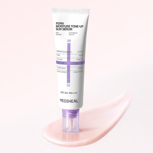 Mediheal PDRN Moisture Tone Up Sun Serum in a pink and white squeeze tube with a pump dispenser