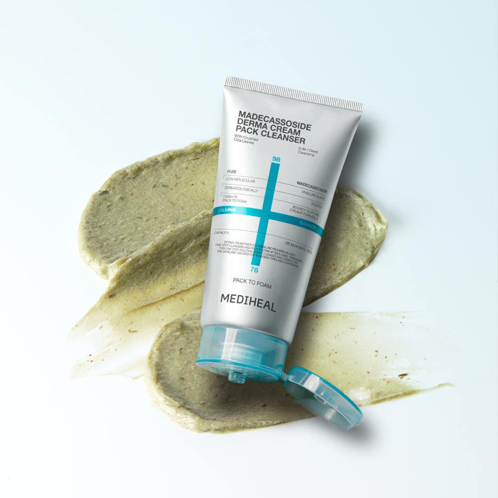 Mediheal Derma Cream Pack Cleanser Madecassoside in a white and green squeeze tube with a creamy texture extract