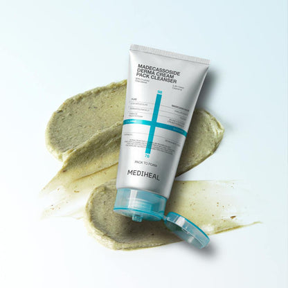 Mediheal Derma Cream Pack Cleanser Madecassoside in a white and green squeeze tube with a creamy texture extract