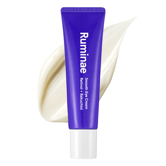 Ruminae Smooth Eye Cream 30ml in a sleek white squeeze tube with a minimalist black cap