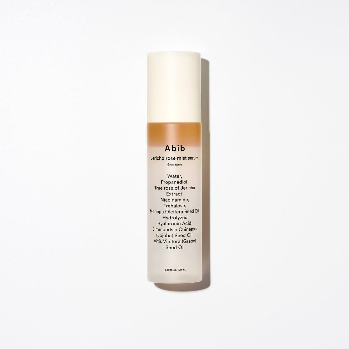 Abib Jericho Rose Mist Werum Glow Spray in a clear cylindrical bottle with a white spray pump and minimalist label