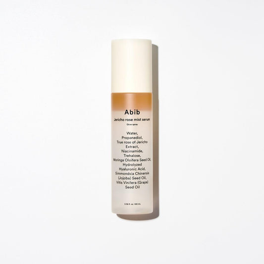 Abib Jericho Rose Mist Werum Glow Spray in a clear cylindrical bottle with a white spray pump and minimalist label