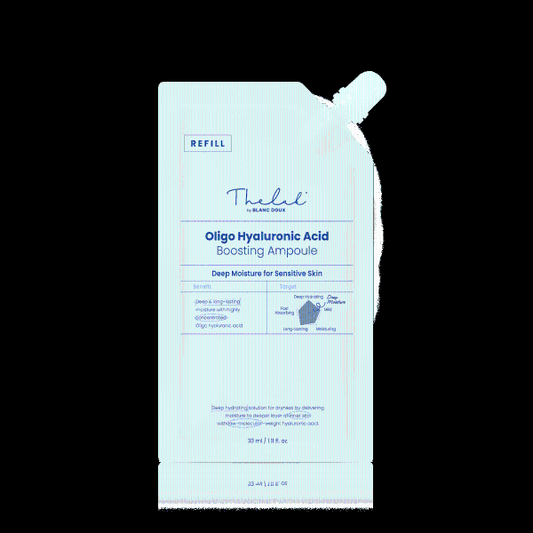 The Lab by Blanc Doux Oligo Hyaluronic Acid Boosting Ampoule refill bottle in clear glass