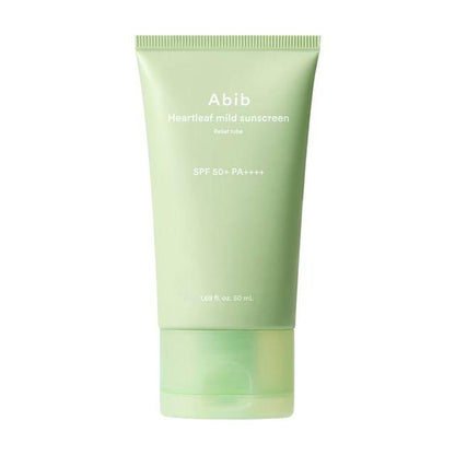 Abib Heartleaf Mild Sunscreen Relief Tube in a white and green squeeze bottle with a minimalist aesthetic