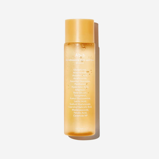 Abib Glutathiosome dark spot toner skin booster in a clear 200ml bottle with minimalist white and black labeling