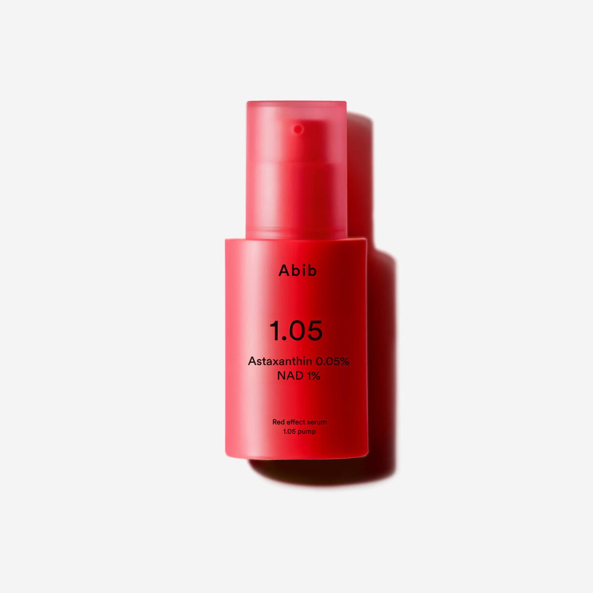 Abib Red Effect Serum in a clear 30ml pump bottle with vibrant red liquid and a minimalist white label