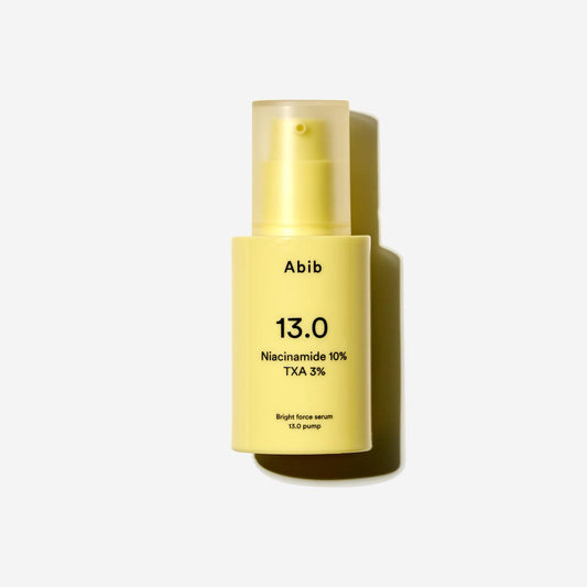 Abib Bright force serum 13.0 in a dark brown glass bottle with a white pump dispenser and minimalist label