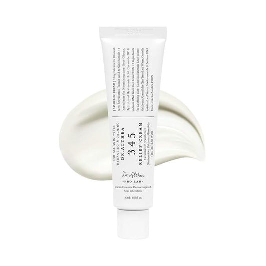 Dr.Althea 345 Relief Cream in a white and blue squeeze tube with a minimalist medicinal design