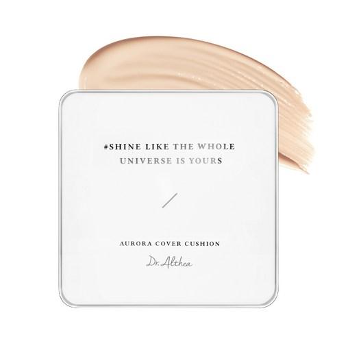 Dr.Althea Aurora Cover Cushion No. 13 in a sleek square white compact with a silver metallic rim and puff applicator
