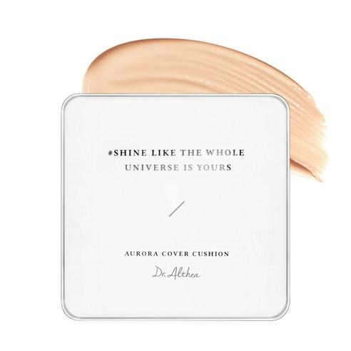 Dr.Althea Aurora Cover Cushion No. 21 in a sleek square white compact with a silver metallic trim and puff applicator