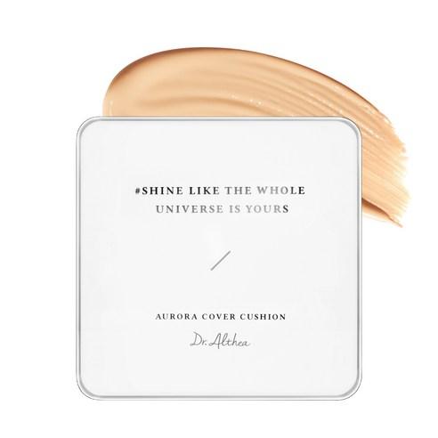 Dr.Althea Aurora Cover Cushion No. 23 in a square white compact with a black puff and sponge foundation insert