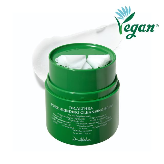 Dr. Althea Pure Grinding Cleansing Balm in a white twist-dial jar that dispenses product in fine shavings