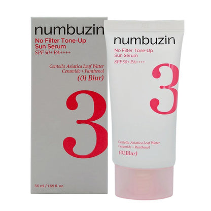 Numbuzin No Filter Tone-Up Sun Serum 01 Blur in a light beige squeeze bottle with a pump dispenser and frosted cap