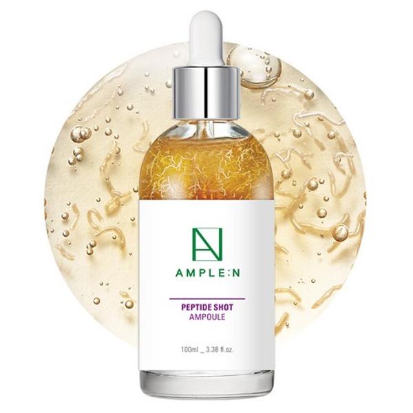 Ample:N Peptide Shot 2X Ampoule in a clear dropper bottle filled with visible golden peptide strands