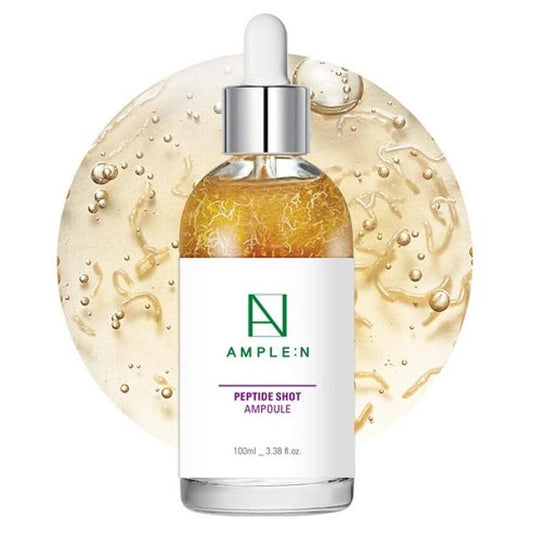 Ample:N Peptide Shot 2X Ampoule in a clear dropper bottle filled with visible golden peptide strands