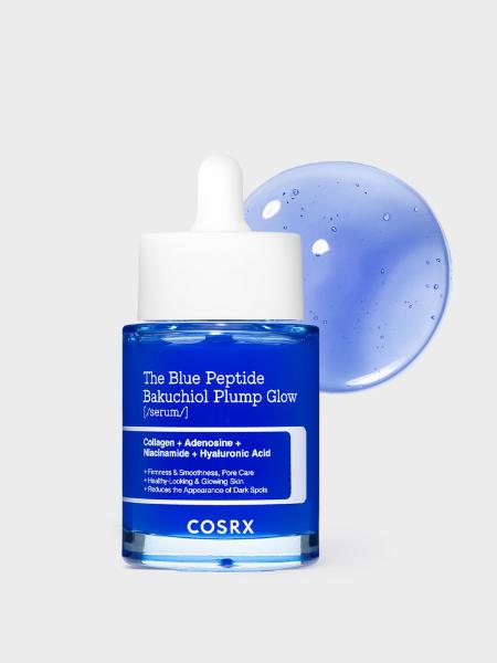 Cosrx blue peptide bakuchiol serum in a clear glass bottle displaying blue liquid with a white dropper dispenser