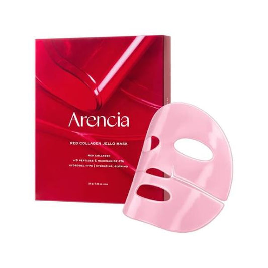 Arencia Red Collagen Jello Mask set in red foil pouches and box packaging