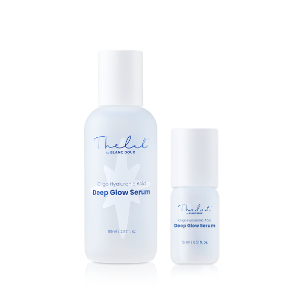 The Lab by Blanc Doux Oligo Hyaluronic Acid Deep Glow Serum set in clear blue glass bottle