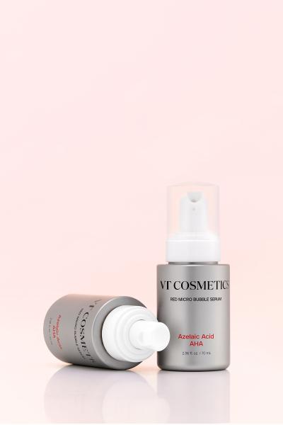 VT Cosmetics AZ AHA Red Micro Bubble Serum in a clear pump bottle displaying red liquid