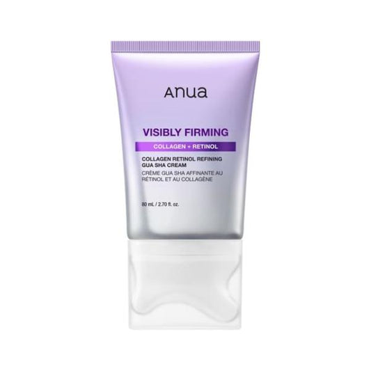 Anua Collagen Retinol Refining Gua Sha Cream in a beige squeeze tube with a built-in massage applicator