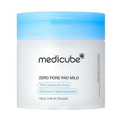 Medicube Zero Pore Pad Mild in a white jar with a blue cap and embossed toner pads