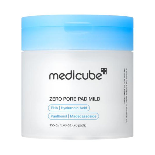 Medicube Zero Pore Pad Mild in a white jar with a blue cap and embossed toner pads