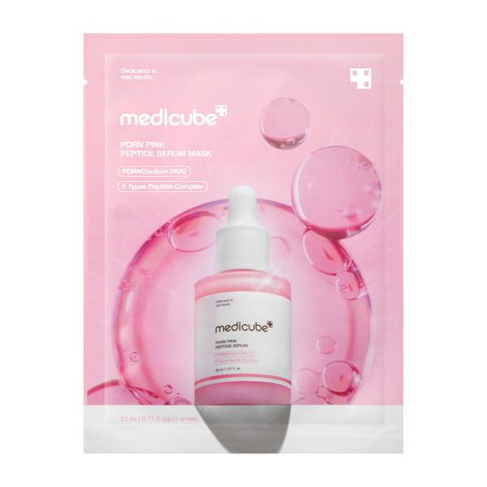 Medicube PDRN Pink Peptide Serum Mask in metallic pink foil packaging