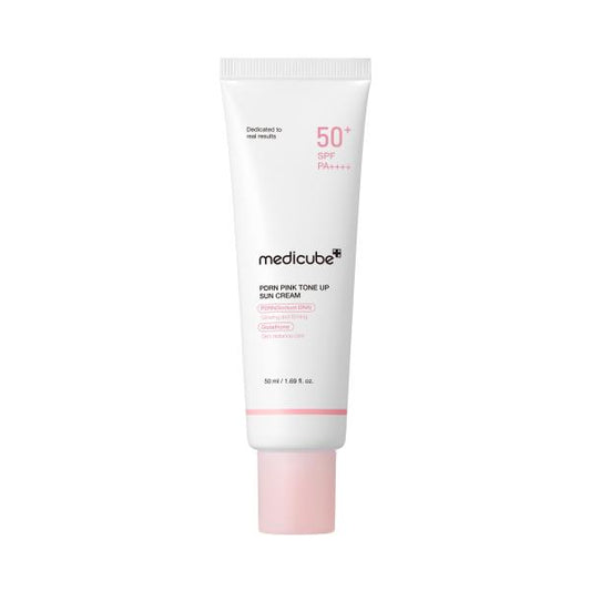 Medicube PDRN pink tone up sun cream in a metallic pink and white squeeze tube