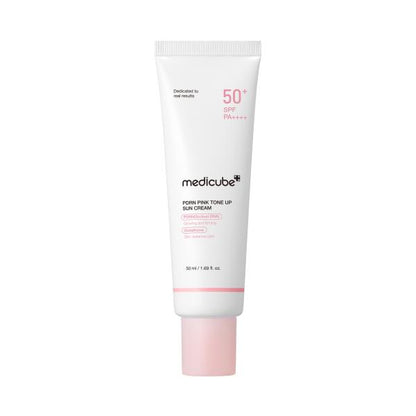 Medicube PDRN Pink Tone Up Sun Cream in a metallic pink tube with a white cap