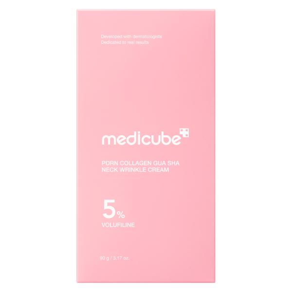 Medicube PDRN Collagen Gua Sha Neck Wrinkle Cream in a pink tube with attached applicator