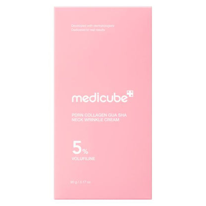 Medicube PDRN Collagen Gua Sha Neck Wrinkle Cream in a pink tube with attached applicator