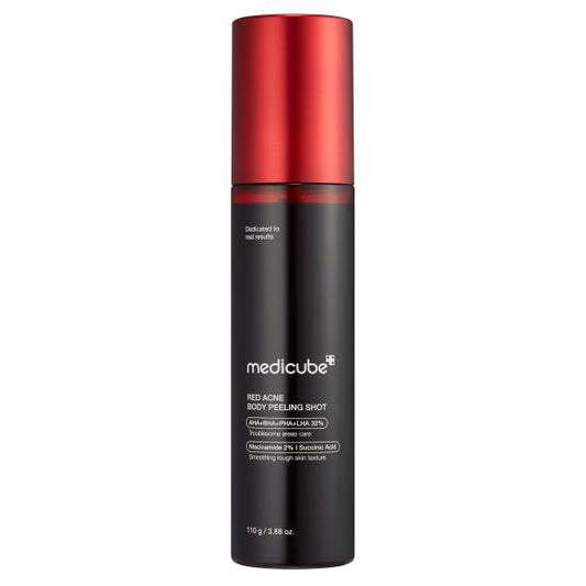 Medicube Red Acne Body Peeling Shot in a translucent red spray bottle