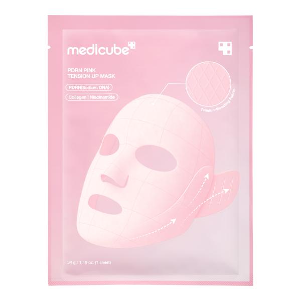 Medicube PDRN Pink Lift Up Mask Set featuring four pink sheet masks in pink box packaging