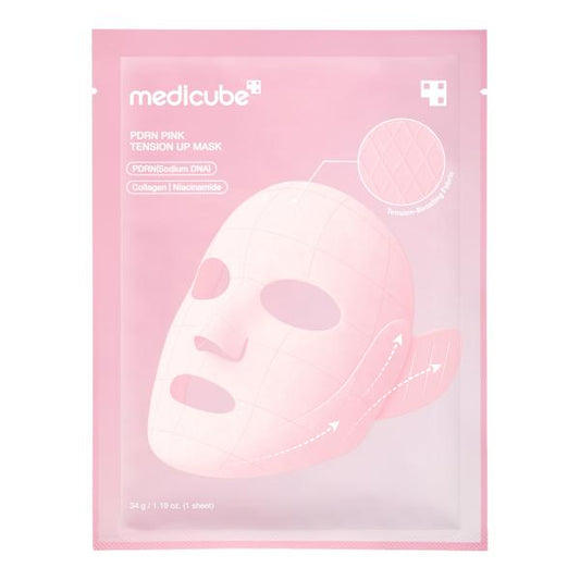 Medicube PDRN Pink Lift Up Mask Set featuring four pink sheet masks in pink box packaging