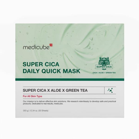 Medicube Super Cica Daily Quick Mask sheet masks in a green square tub with a flip-top lid