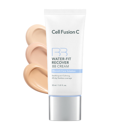 Cell Fusion C Water-Fit Recover BB Cream in a white and blue squeeze tube