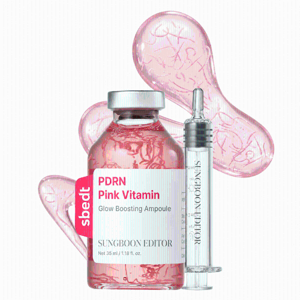 Sungboon Editor PDRN Pink Vitamin ampoule in a clear dropper bottle showing pink serum