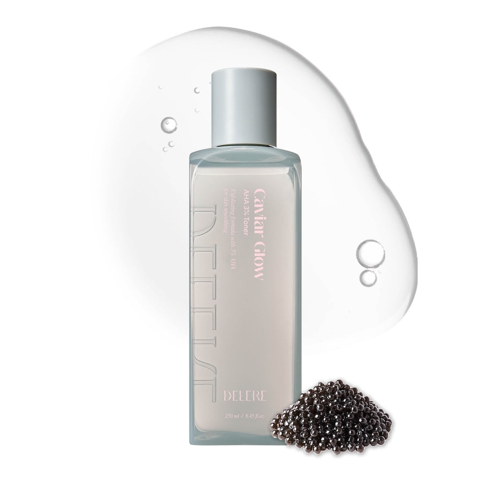DELERE CAVIAR GLOW AHA 3% Toner in a clear 250ml bottle with a pump dispenser