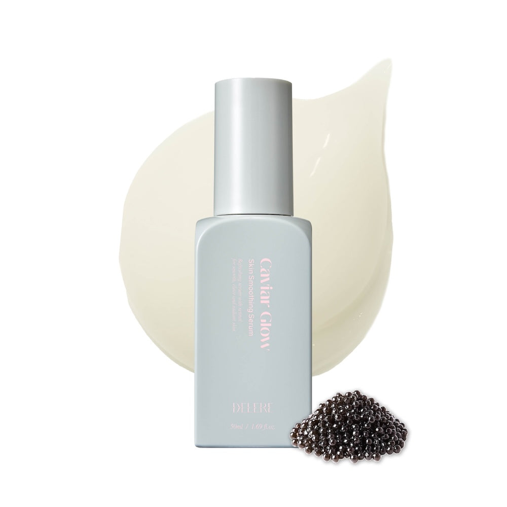 Delere Caviar Glow skin smoothing serum in a 50ml glass bottle with a pump