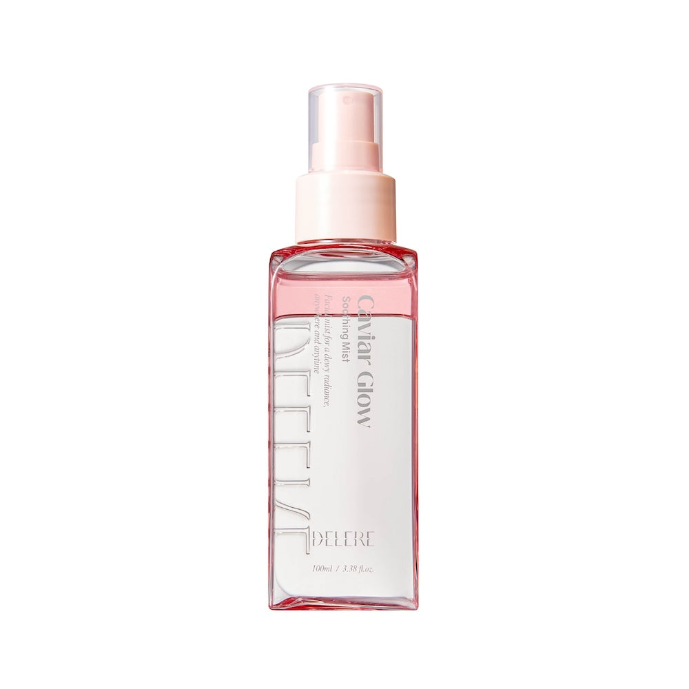 Delere Caviar Glow soothing mist in a 100ml clear spray bottle