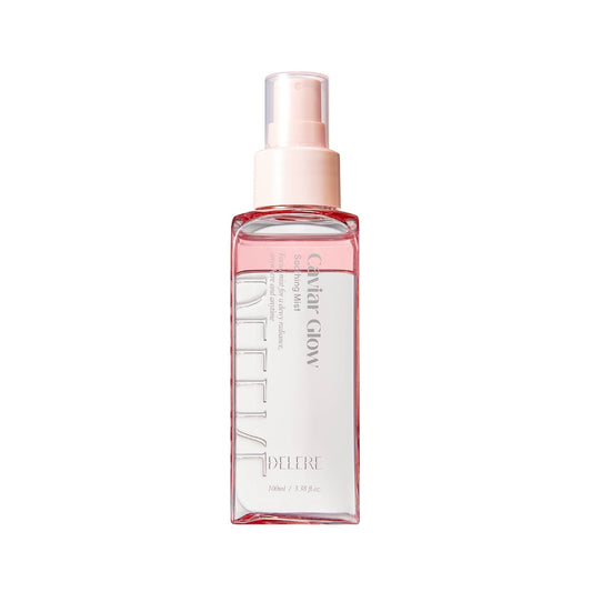 Delere Caviar Glow soothing mist in a 100ml clear spray bottle