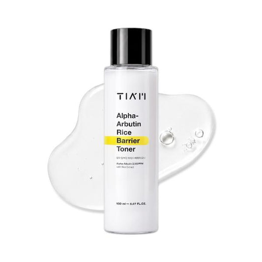 TIAM Alpha-Arbutin Rice Barrier Toner in a 150ml semi-translucent bottle