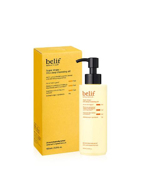 Belif Super Drops Vita Deep Cleansing Oil in clear pump bottle