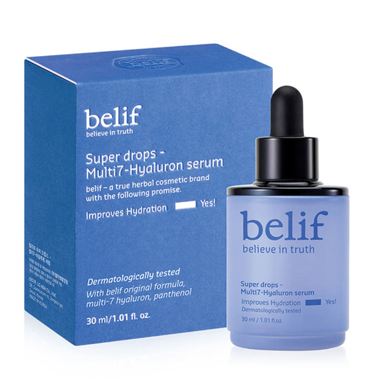 Belif Super Drops Multi7 Hyaluron Serum in a blue glass dropper bottle