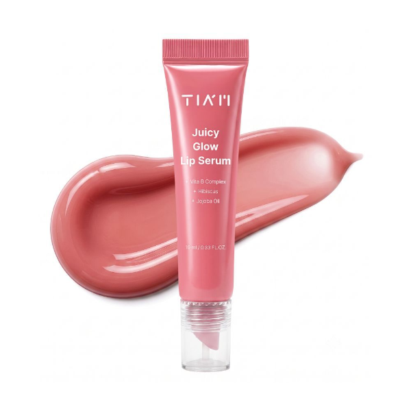 TIAM Juicy Glow Lip Serum in a compact squeeze tube with a slanted applicator
