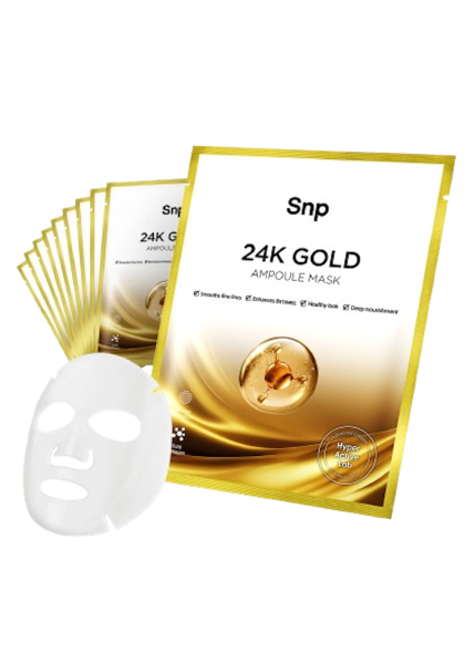 SNP 24K Gold Ampoule Sheet Mask box featuring a gold foil and ampoule graphic