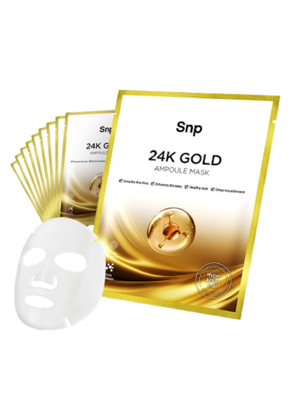 SNP 24K Gold Ampoule Sheet Mask box featuring a gold foil and ampoule graphic