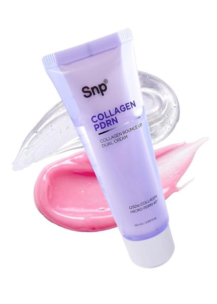 SNP Collagen Bounce Up Dual Cream in a peach jar with a double-compartment design