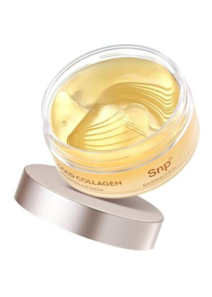 SNP gold collagen eye patches in a round jar with sixty shimmering hydrogel sheets