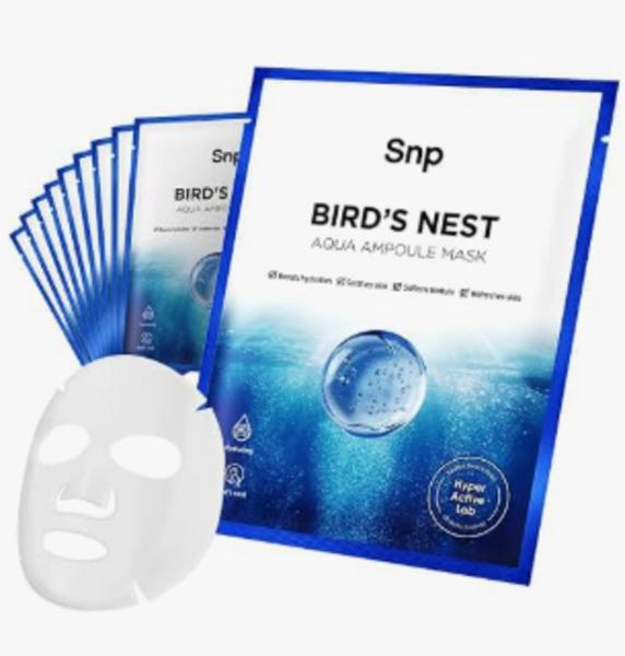 SNP Bird's Nest Aqua Ampoule Mask sheet mask box in blue packaging